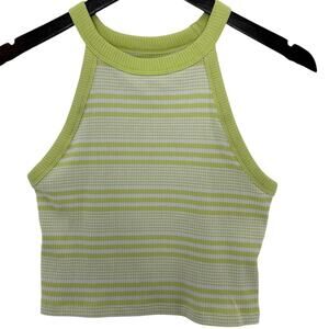 American Eagle Racerback Tank Top Large Cropped Rib Knit Green White Stripe Y2K